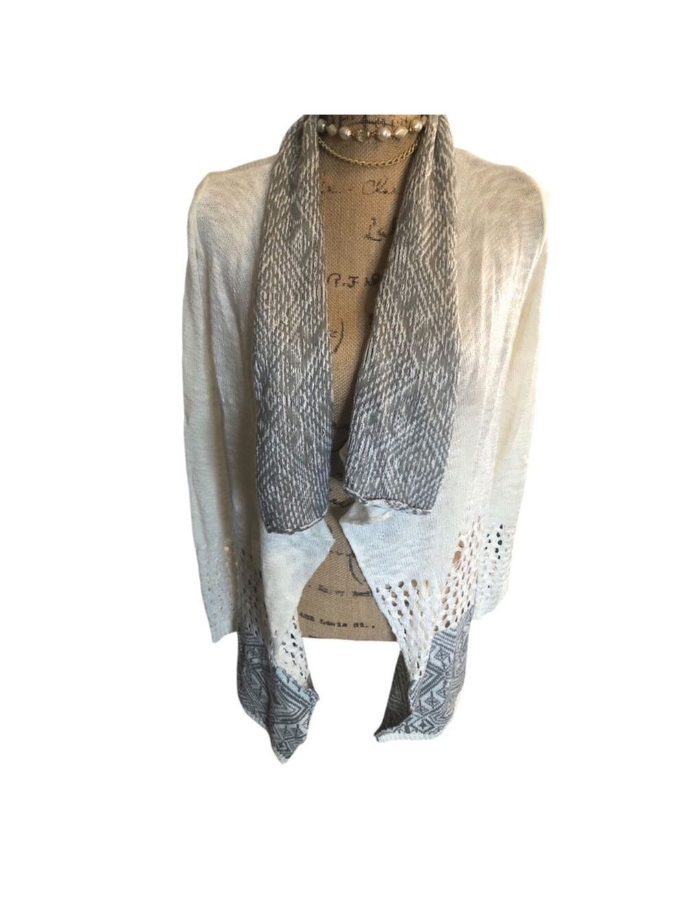 P.O.O.F! Women's Cardigan Sweater, Size L White Gray